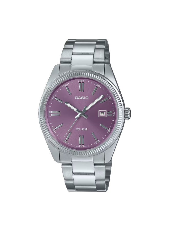 كاسيو Enticer Analog Men’s Watch MTP-1302PD-6AVEF, 38.5 mm Purple Dial, Silver Stainless Steel Bracelet, 50 m WR - Image 2